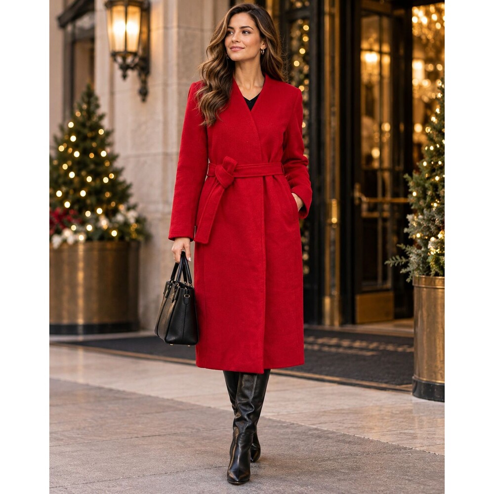 White House Black Market Wool Scarf Coat M Ruby Rush Red Belted NWT $325